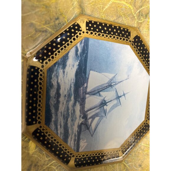 Durwin Rice Vtg Octagonal Glass Decoupage Signed Art Glass Plate Sailing Ship - Picture 2 of 8